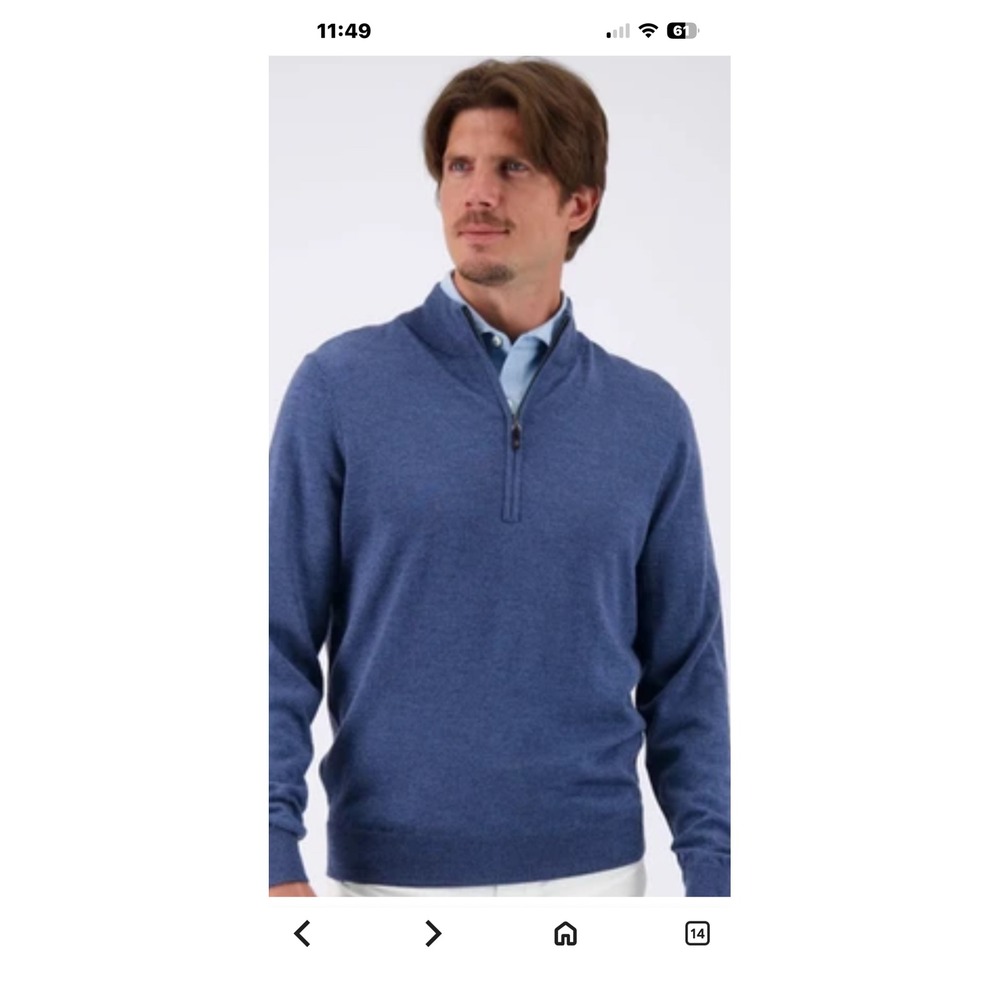 Turtleson Men's Blue Heathered Merino Wool 1/4 Zip Pullover Sweater M 21" PTP
